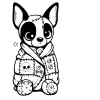 Cute dog stuffed animal with black spots curled up in a cozy patchwork blanket and slippers. He has a few stitches or scars on his head.