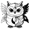 Owl with a moon on it's belly and two sets of wings. Left half light and right half dark.