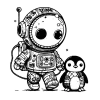 Graffitied astronaut helping a lost space penguin