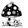 Large patchwork mushroom with a tiny dinosaur friend under it's umbrella