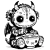 Gargoyle with a stitched trying to eat soup.