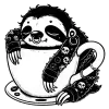 Cute sloth chained to a giant cup of coffee, relaxing on it