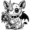 Rhino gargoyle with a bandaid and earrings giving flowers