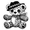 A leopard-print teddy bear with a black hat and a striped scarf.