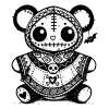 Teddy bear with a decorated poncho and a bat earring.