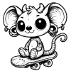 Tattooed mouse with horns, piercings and ear gauges sitting on a skateboard.