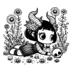 Girlish gargoyle in a field of flowers and skulls #1306