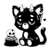 Black cat with horns eating skull kibble