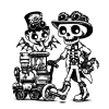 Steam punk skellie and weird gargoyle baby riding on a toy train stroller