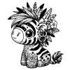Zebra stuffed animal darkling with hoop earrings, and feathers and flowers on it's head