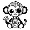 Patchwork Monkey in overalls holding a slice of pizza