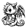 Tattooed teddy bear gargoyle with lacy wings and a dragon tail