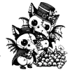 Bats in 18th century clothing and plague masks picking berries