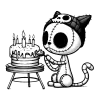 Stuffed animal cat with a skull cap eating birthday cake