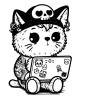 Hacker cat with a skull cap on a laptop with cat stickers on it