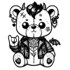 Bearclaw Robinson is wearing a jean jacket. He's a teddy bear with tiny horns and one wing showing the rock and roll hand sign. He's got a little scar on his head. 