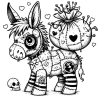 Patchwork donkey with a stitched sack on his back full of pins and needles and hearts.