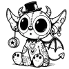 Yo-yo Jo is an impish gargoyle with a little patched top hat, horns, wings and a devil tail. He has large patched years and a yo-yo earring.