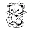 A simple illustration of a stuffed teddy bear gargoyle, beargoyle, sitting on a stone slab. He has a heart tattoo, a patched arm and a bandaged foot, wings, horns and a devil tail. He also has a pig nose.